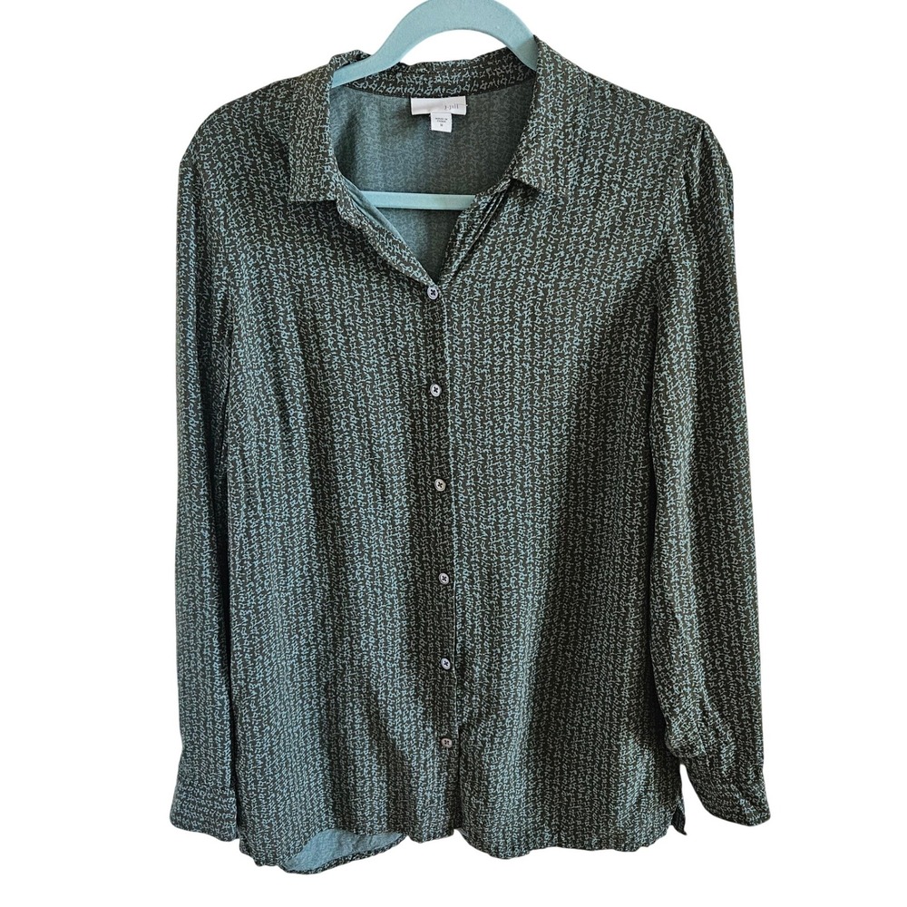 J. Jill Women Green Blue Abstract Print Viscose Rayon Long Sleeve Button Down M